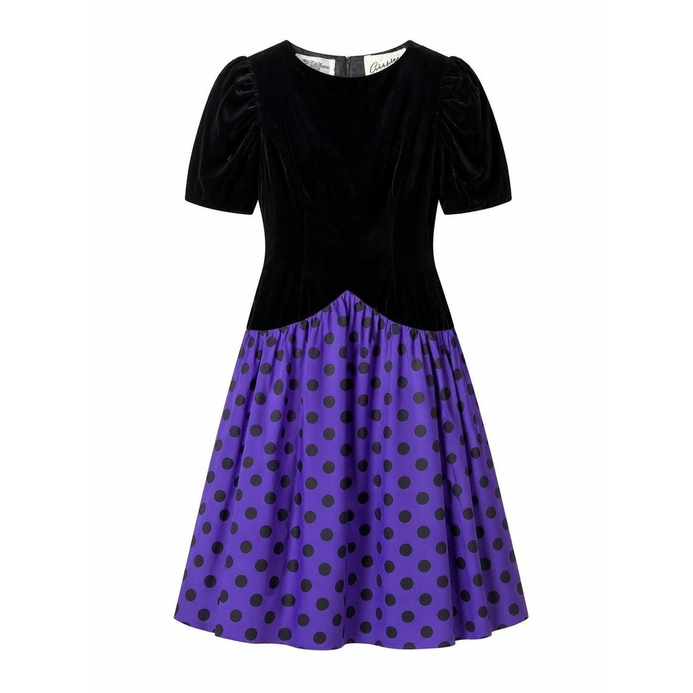 Rare VTG 1980 Arnold Scaasi Dress Black Velvet Purple Polka‎ Dot Cocktail SZ 8